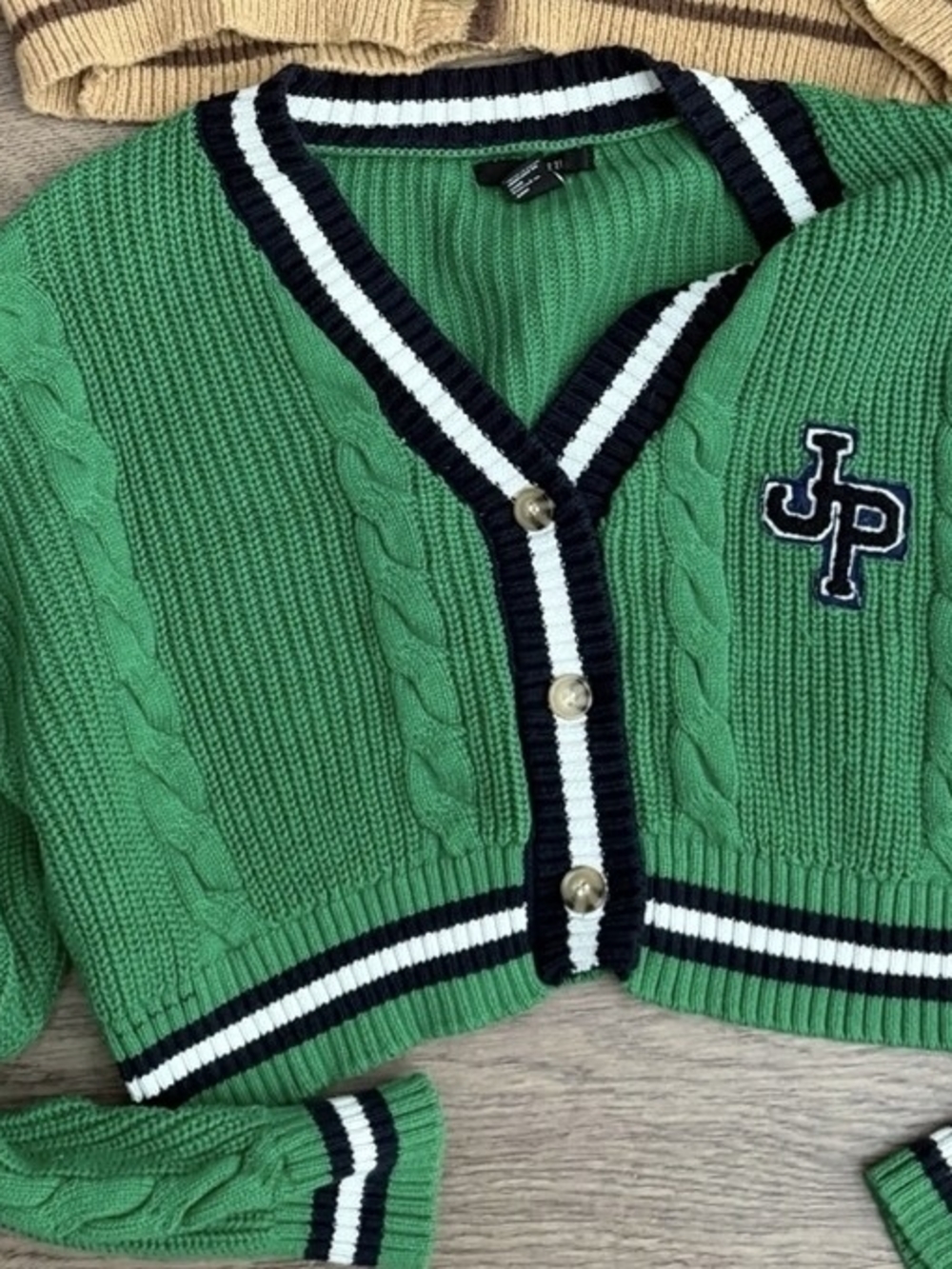 Forever 21 Green Cable Knit Varsity Cropped Cardigan Sweater